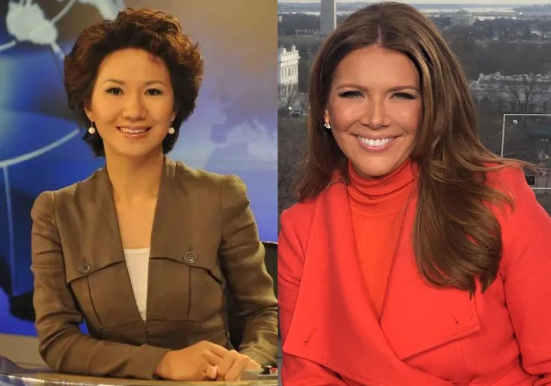 為了貿易戰，大陸央視旗下中國環球新聞網女主播劉欣（左）將應戰美國福斯女主播崔西．雷根（右）。圖片取自wiki, 文學城網站