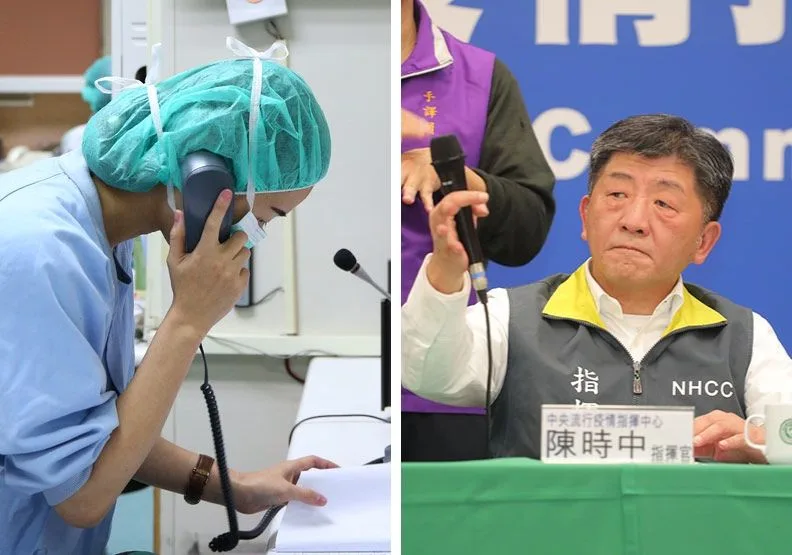 首批AZ疫苗抵台，中央疫情指揮官陳時中（右）開放給11.7萬位醫護率先施打。賴永祥、池孟諭攝影。