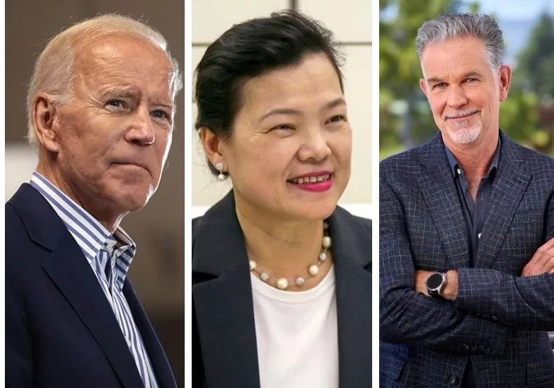 圖／左起新任美國總統拜登、經濟部長王美花、Netflix 創辦人暨執行長海斯汀（Reed Hastings）。Flickr by Gage Skidmore,經濟部官網,NETFLIX官網