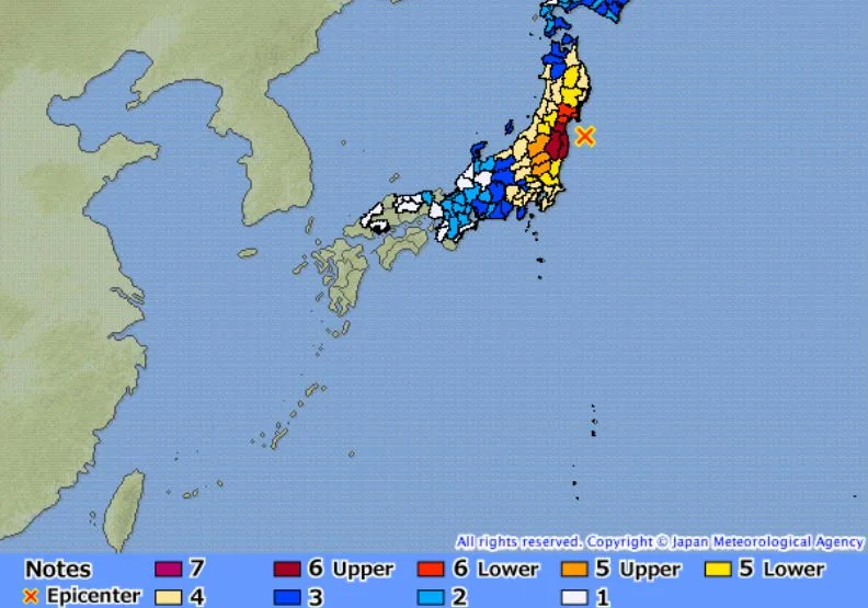 日本213東北地區強震圖，圖片來自日本氣象廳