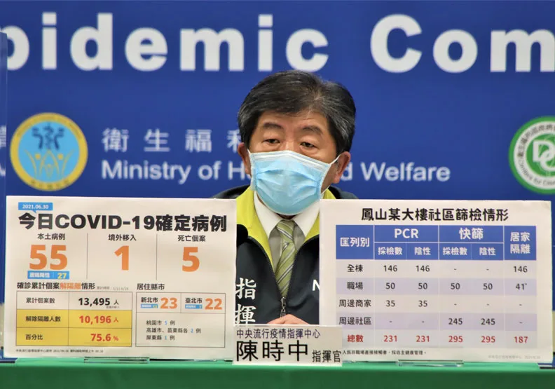 本土＋55、新增5死！高雄鳳山某大樓爆5確診，陳時中：憂群聚已做環境採檢。中央流行疫情指揮中心提供