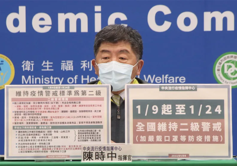 全國維持二級警戒至1/24！口罩政策加嚴，運動、唱歌、拍照不可拿下。中央流行疫情指揮中心提供