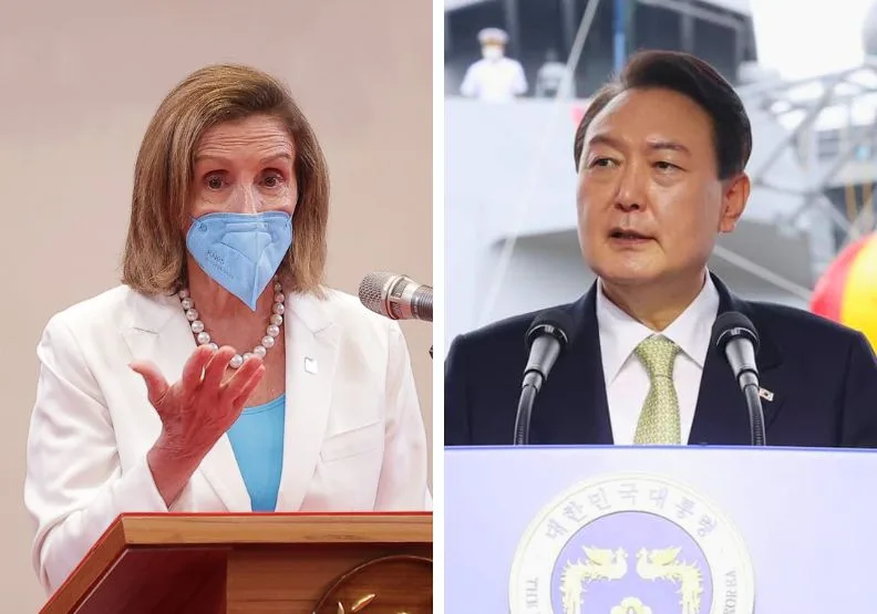 南韓總統尹錫悅（右）以休假為由，未見美國眾議長裴洛西（左）。圖取自雙方臉書