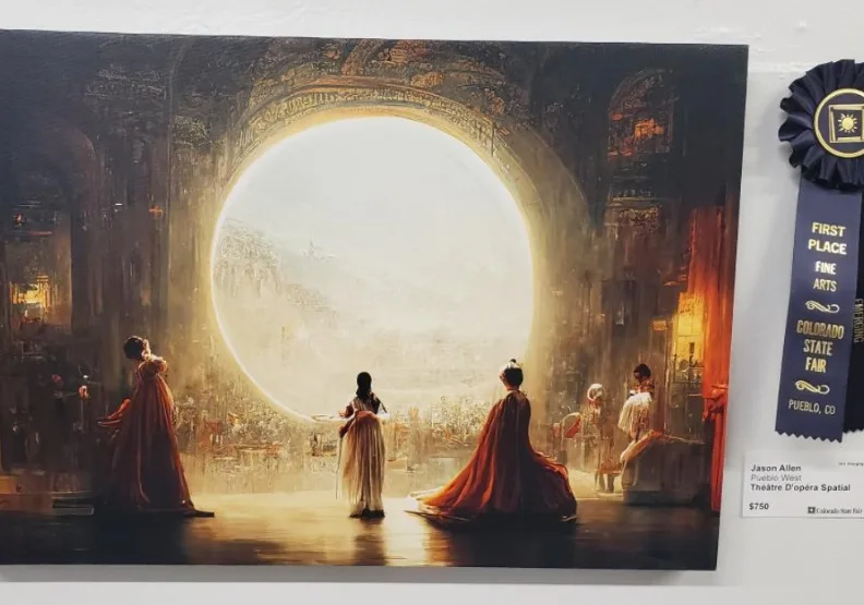 Jason Allen 以 Midjourney 產出的得獎作品「太空歌劇院」（Théâtre D'opéra Spatial）。翻攝自 Jason Allen 在 Midjourney Discord 頻道中的留言。