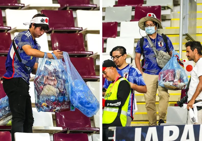 圖／日本球迷於賽後主動撿拾觀眾席上的垃圾。B/R Football twitter