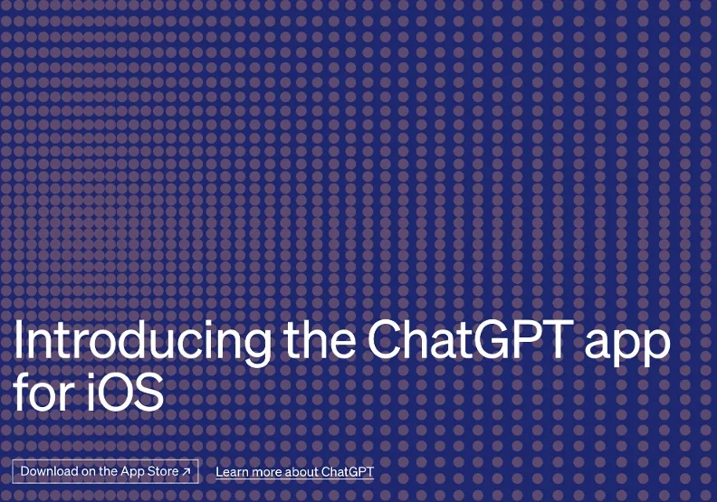 OpenAI發表推出ChatGPT 支持iOS系統app的文章。取自OpenAI官網
