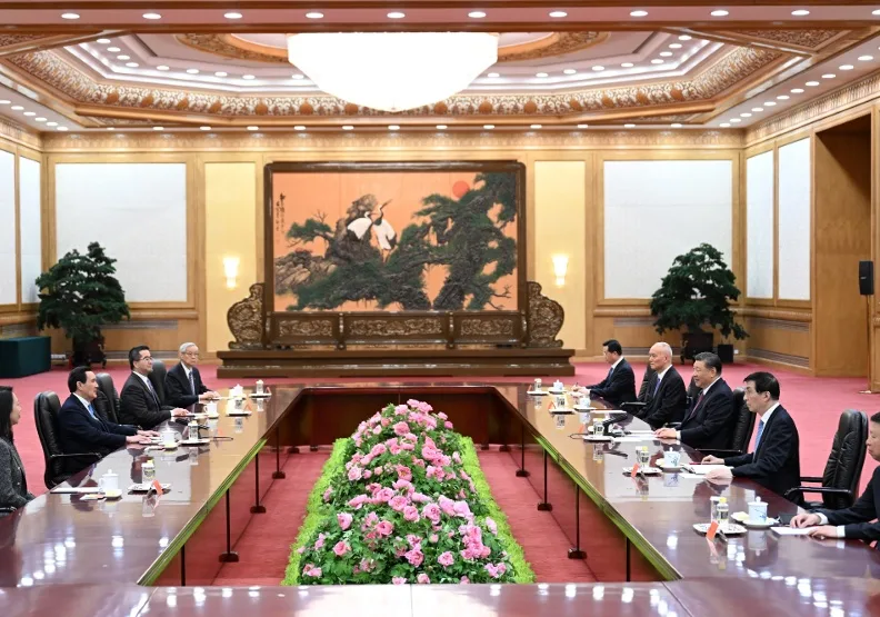 2024年4月10日下午，前總統馬英九和中國國家主席習近平相隔9年再次會面。達志提供