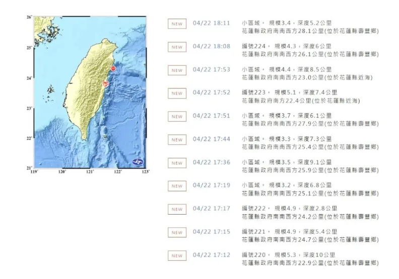花蓮壽豐今天下午5時許連續多起地震，最大規模5.5。取自中央氣象署網頁