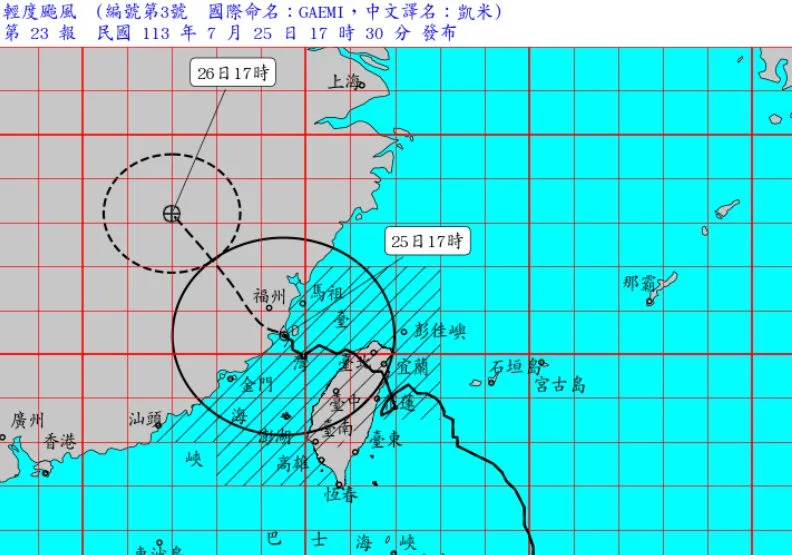 「凱米」颱風減弱為輕颱，繼屏東之後，台東也脫離暴風圈。取自中央氣象署
