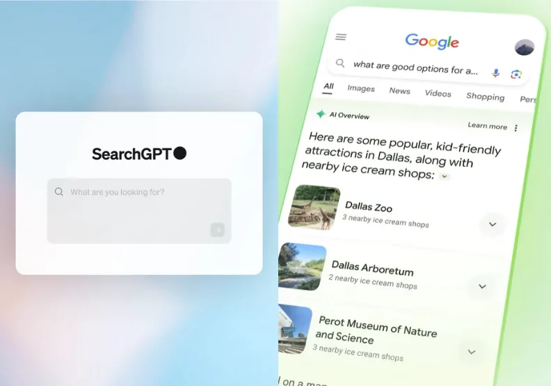 ChatGPT母公司OpenAI推AI搜尋「SearchGPT」（左）、Google在美國開放的搜尋新武器「AI概覽」（右）。左：取自OpenAI、右：取自Google