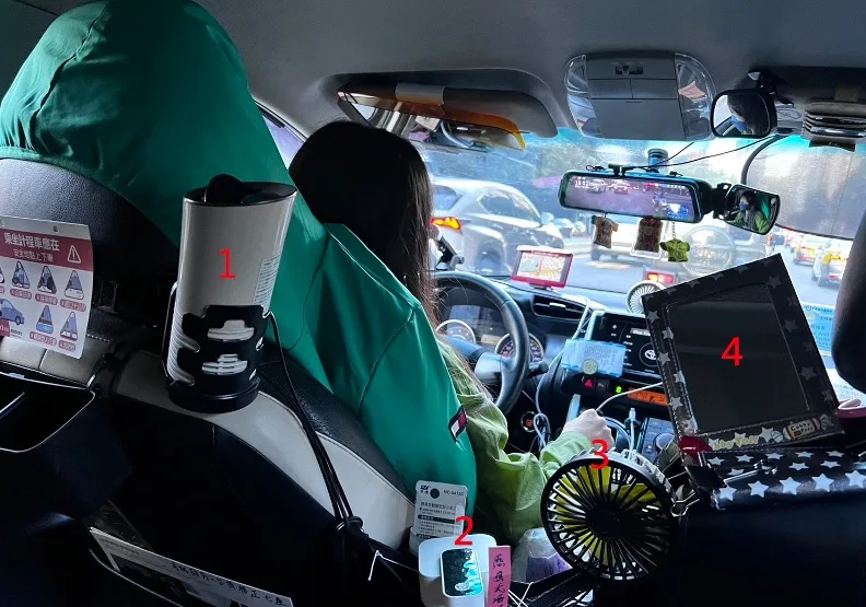 Uber司機貼心設計，加裝車內設備包括1空氣濾清器、2固定式酒精噴霧、3小電扇、4化妝鏡。黃冠華提供
