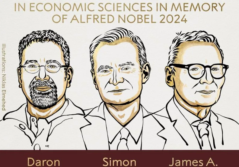 2024諾貝爾經濟學獎，由三位美國學者艾塞默魯（Daron Acemoglu）、強森（Simon Johnson）及芝加哥大學的羅賓森森（James A. Robinson）共同獲得。圖取自X@NobelPrize