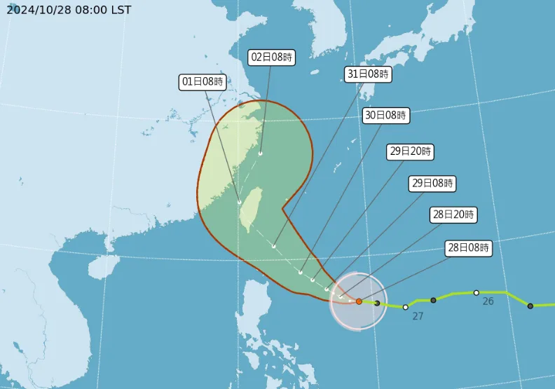 各國預測路徑，輕颱康芮已調整為登陸台灣，強度可能達中颱上限。圖為10/28早上8時路徑預測。取自中央氣象署