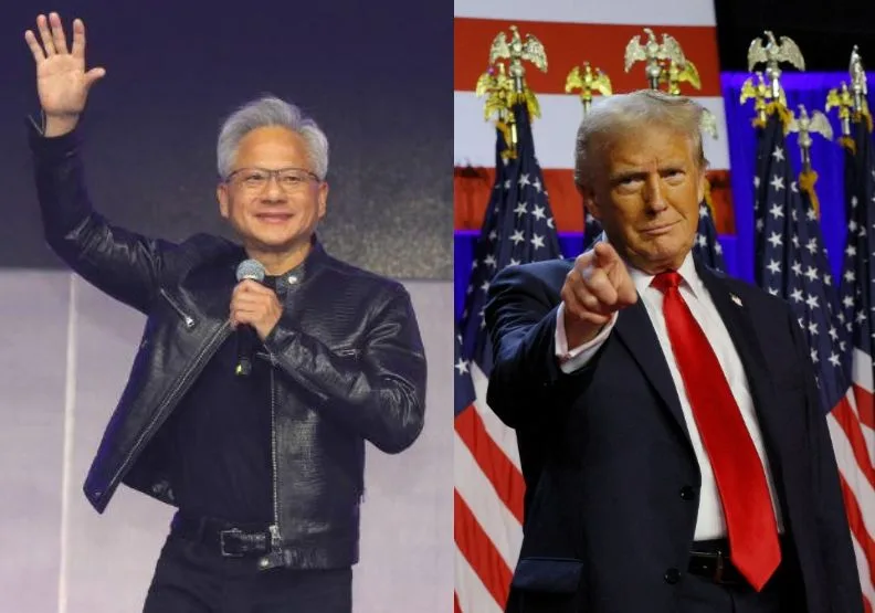 圖／美國總統川普（右）和輝達（Nvidia）執行長黃仁勳（左），在美國時間1/31終於首次會面。遠見編輯部製圖。