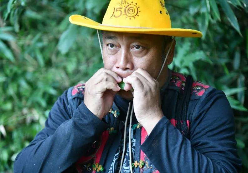 東源社區解說員巧妙利用森林裡的樹葉帶著旅人吹奏，充滿野趣