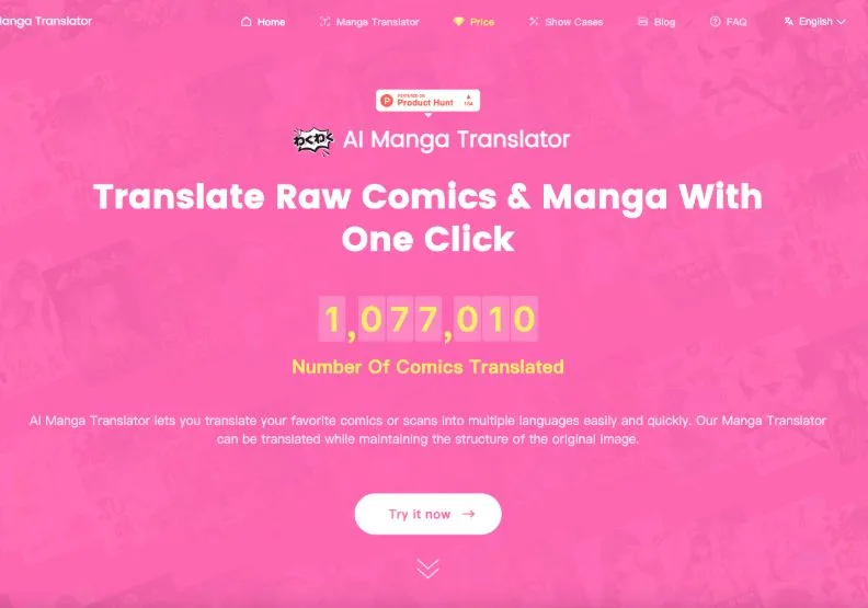 和AI協作打造出產品原型，再和朋友在下班時間攜手做出的AI Manga Traslator，已經翻譯超過一百萬張漫畫圖片。取自AI Manga Traslator官網