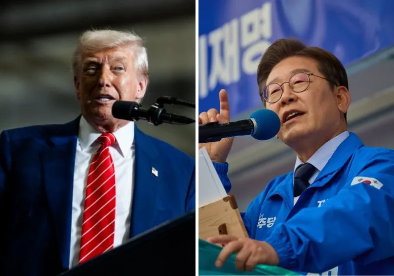 美國總統川普（左）、南韓新任總統李在明（右）。遠見製圖，左：Flickr by The White House，右：取自begintruekorea.com