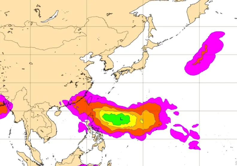 圖為歐洲系集模式7月1日熱帶氣旋活動模擬圖。取自ECMWF