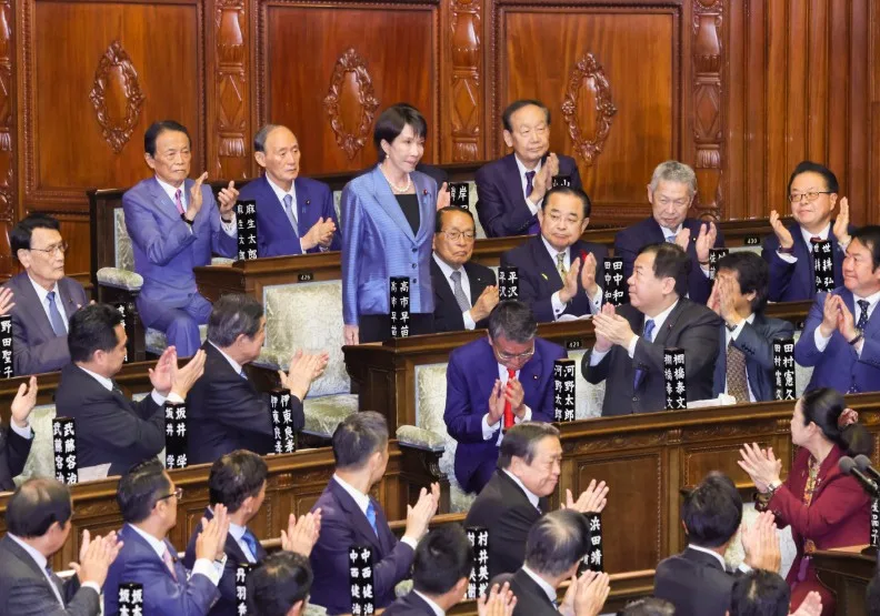 高市早苗21日在日本國會投票中獲勝，以237票成功當選首相。取自X@kantei