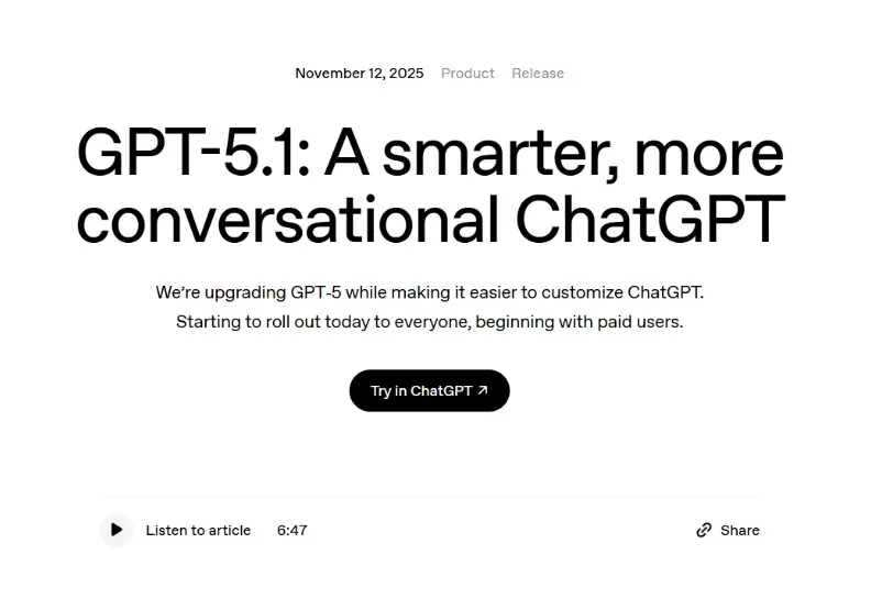 OpenAI官方推出ChatGPT 5.1升級版本。取自OpenAI
