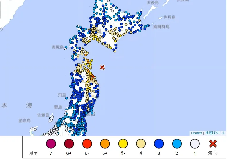 日本青森強震震度分布圖。圖取自日本氣象廳網頁