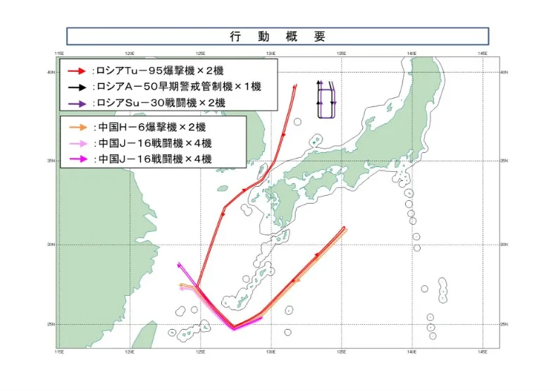 中俄轟炸機繞日本聯合飛行航跡圖。取自X@ModJapan_jp