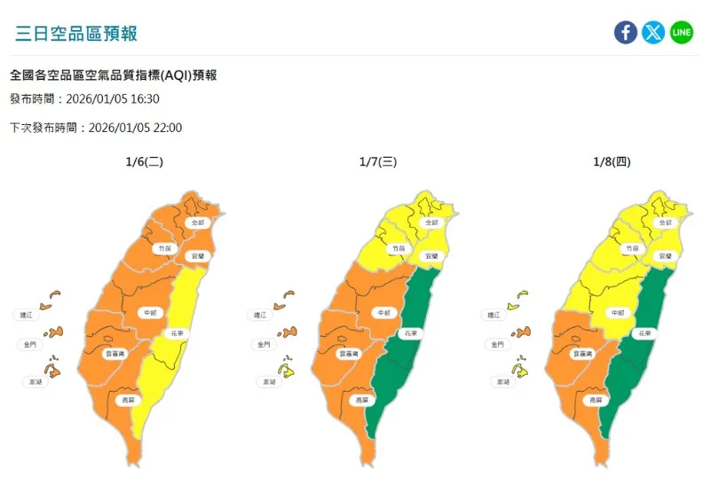 環境部表示，1/6日全台空氣品質多為橘色提醒等級。橘色燈號代表「對敏感族群不健康」、黃色燈號代表「普通」、綠色燈號代表「良好」。截圖自環境部