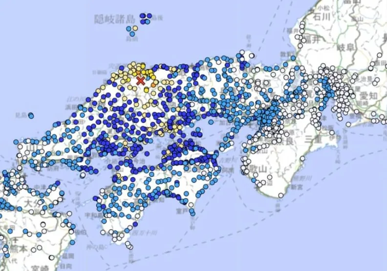 日本島根縣東部6日上午10時18分左右（台北時間9時18分）左右發生推估規模6.2的地震。取自日本氣象廳