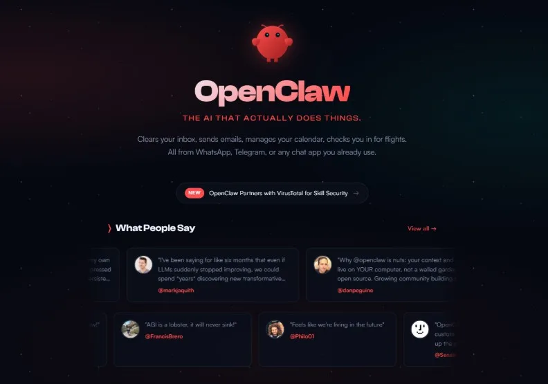 這隻名叫OpenClaw的 AI 不只會聊天，還能直接接管你的電腦。OpenClaw官網截圖