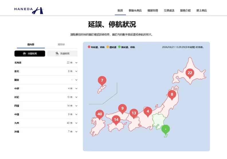 東京羽田機場航空管制系統今清晨故障，造成日本國內線航班取消及延誤。羽田機場官網截圖