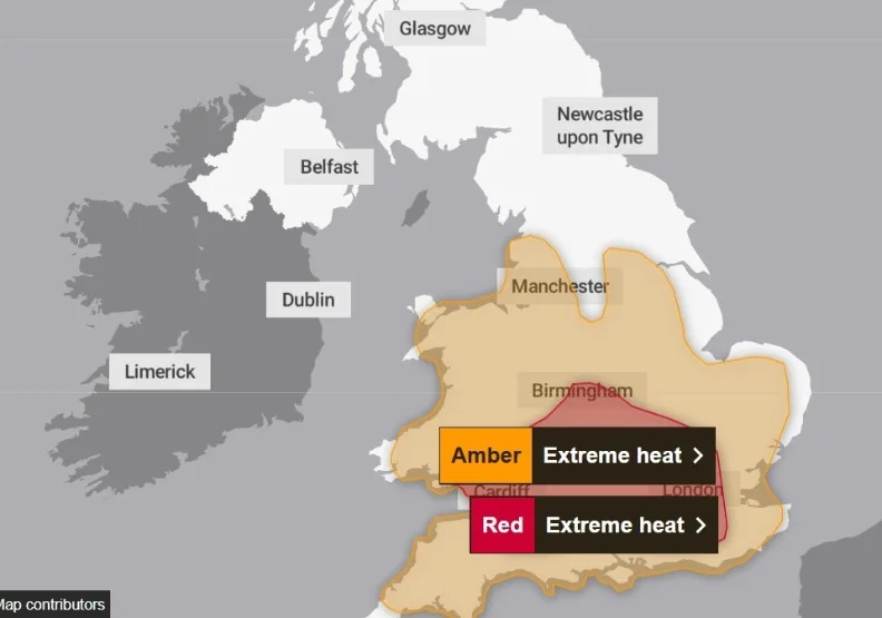英國氣象局（Met Office）罕見發布該局最高等級的紅色極端高溫警報。取自Met Office官網